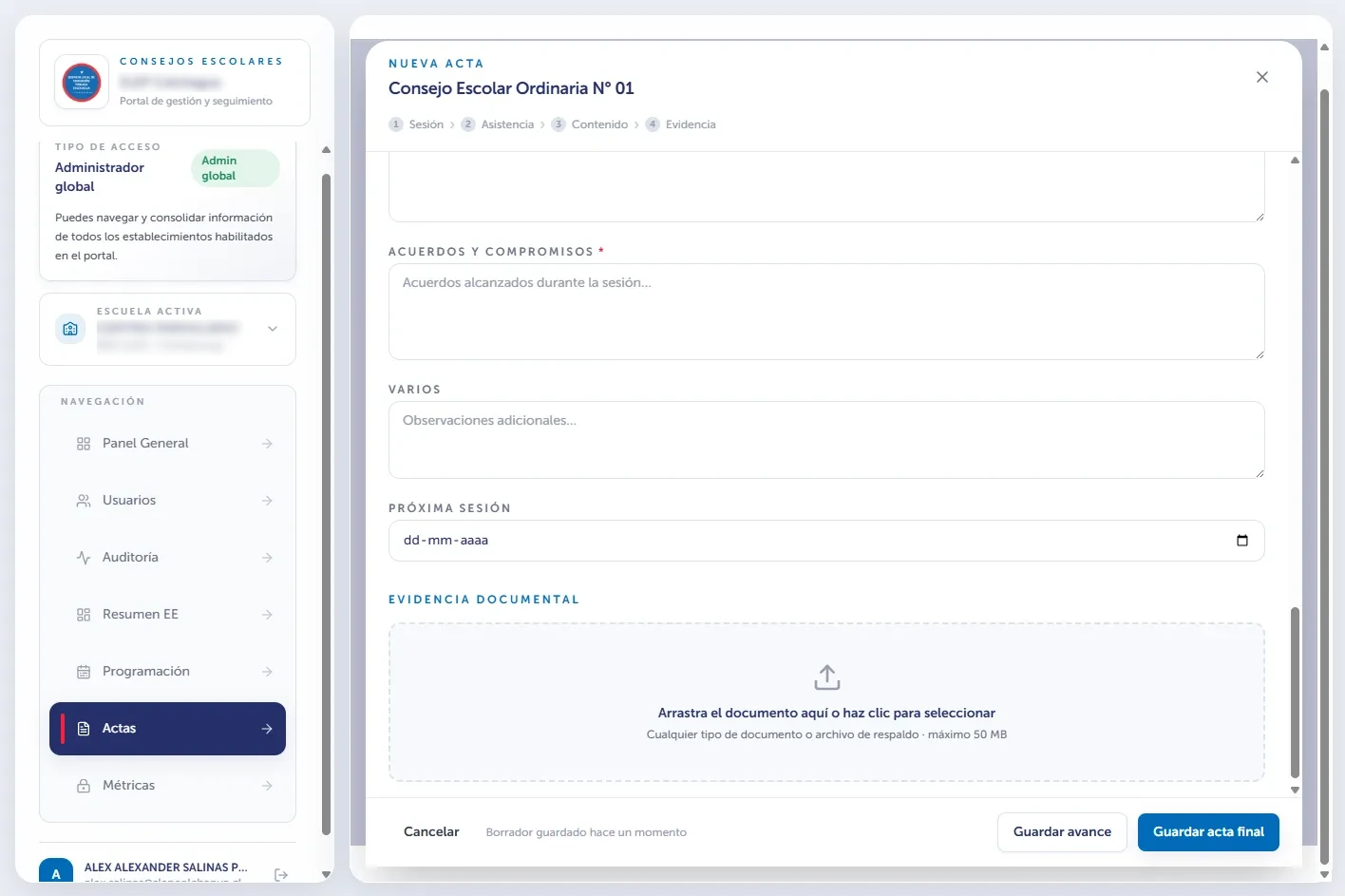Portal de Consejos Escolares - Registro de actas y documentos