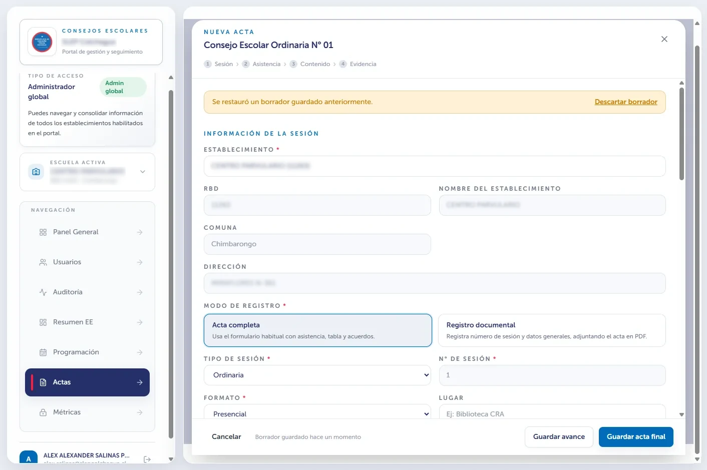 Portal de Consejos Escolares - Panel de cumplimiento y estadísticas