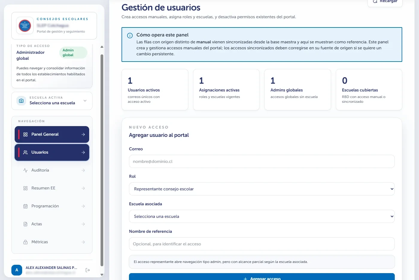 Portal de Consejos Escolares - Detalle de interfaz y funcionalidades