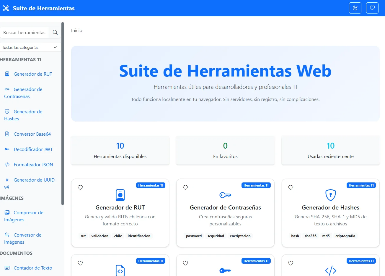 Conjunto de Herramientas Web - Panel principal