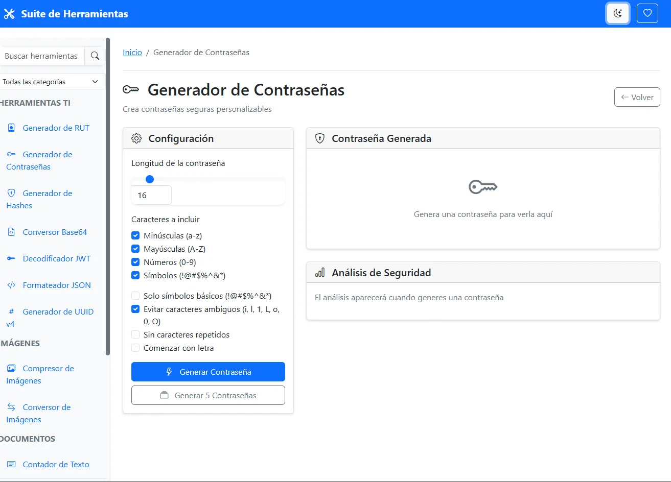 Conjunto de Herramientas Web - Interfaz en modo oscuro