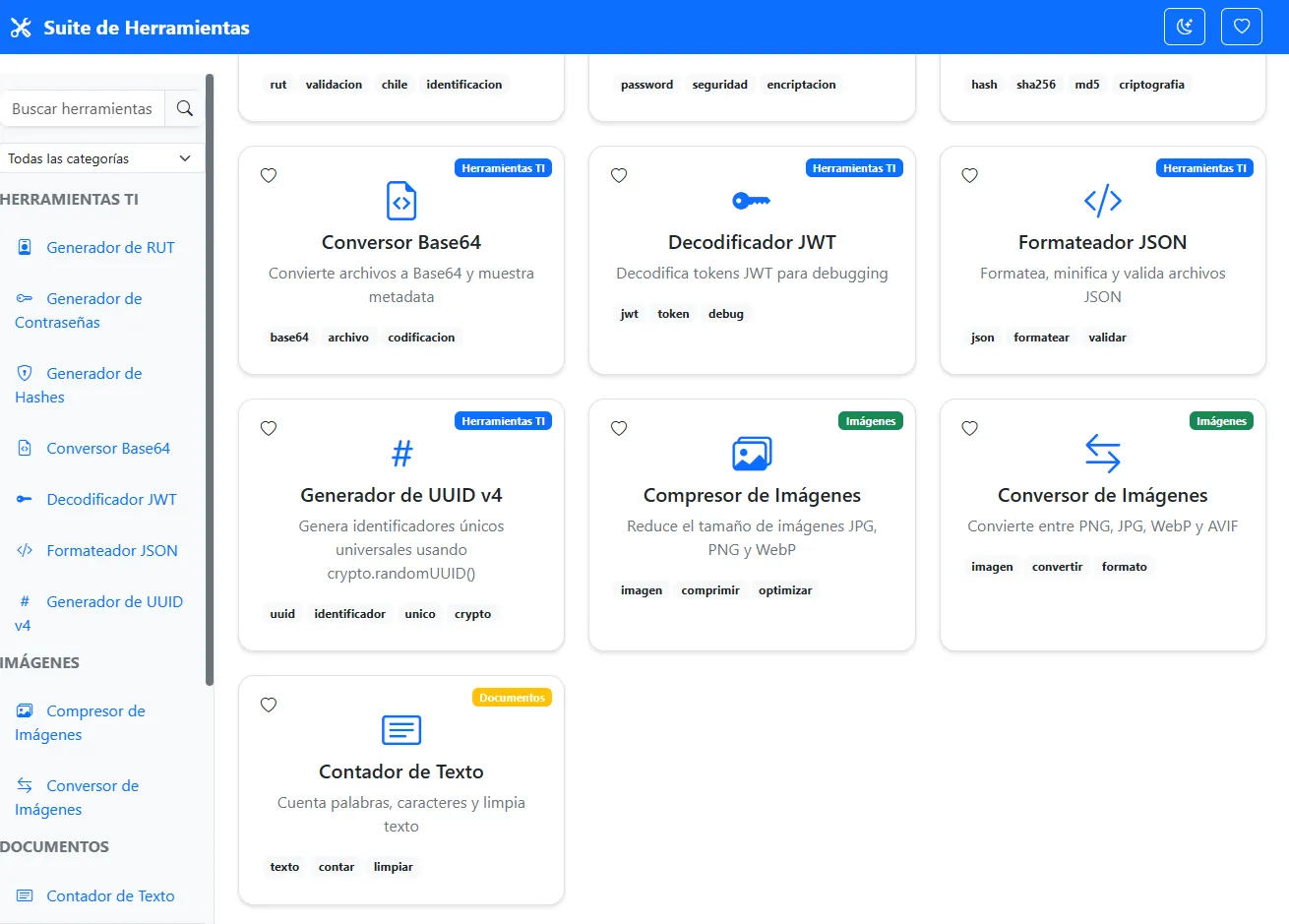 Conjunto de Herramientas Web - Vista clara con tarjetas de utilidades