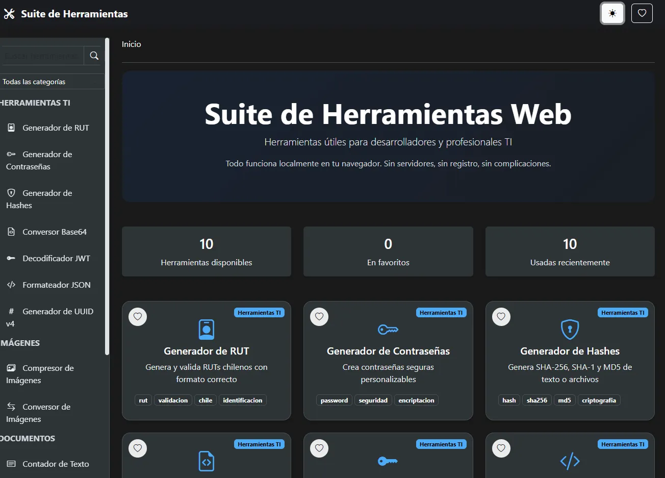 Conjunto de Herramientas Web - Inicio de la suite en modo oscuro