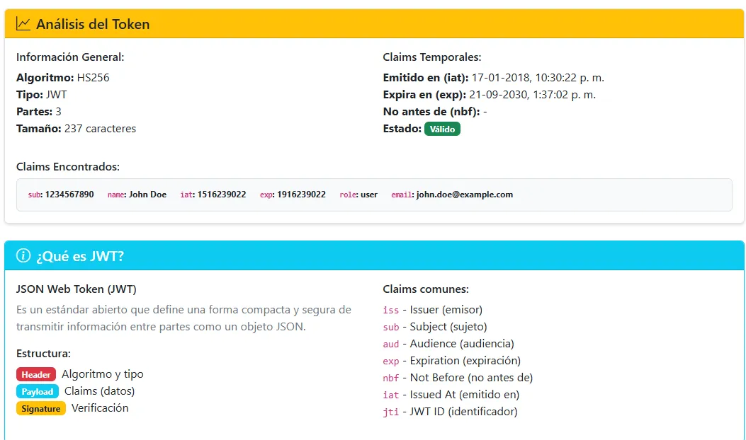 Conjunto de Herramientas Web - Herramienta de análisis y decodificación de token JWT