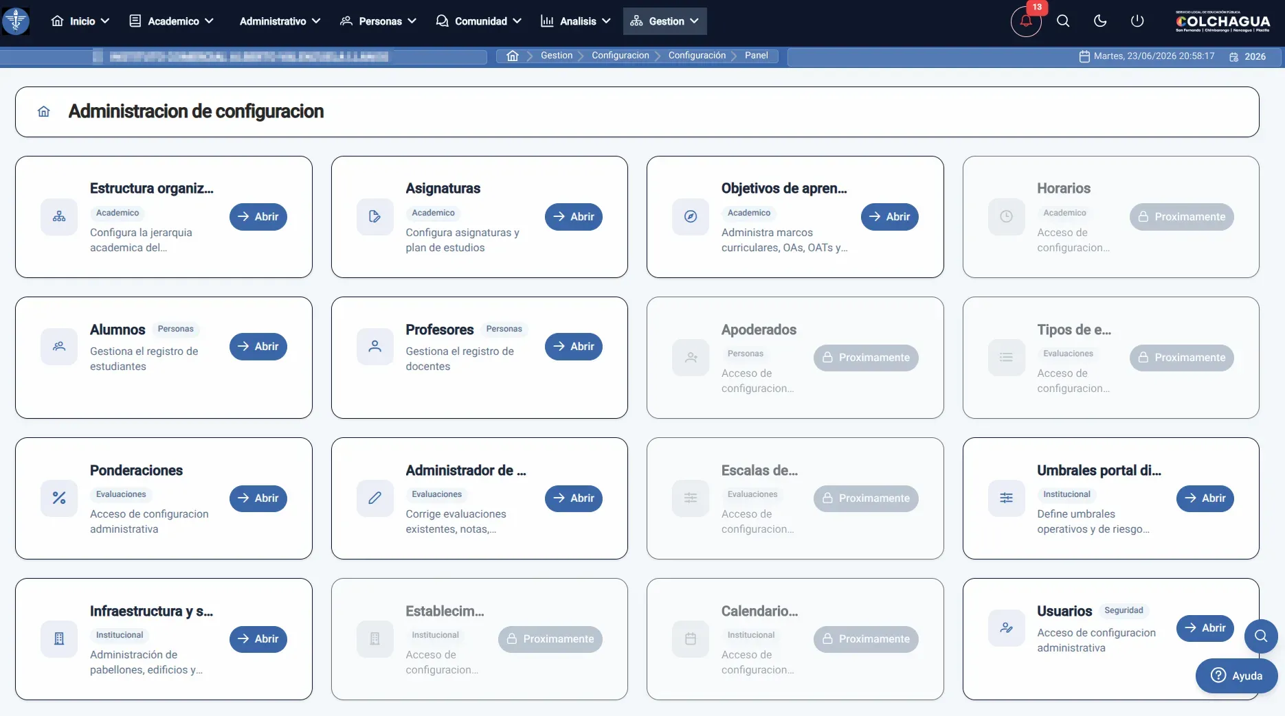 Libro de Clases Digital - Administración de configuración