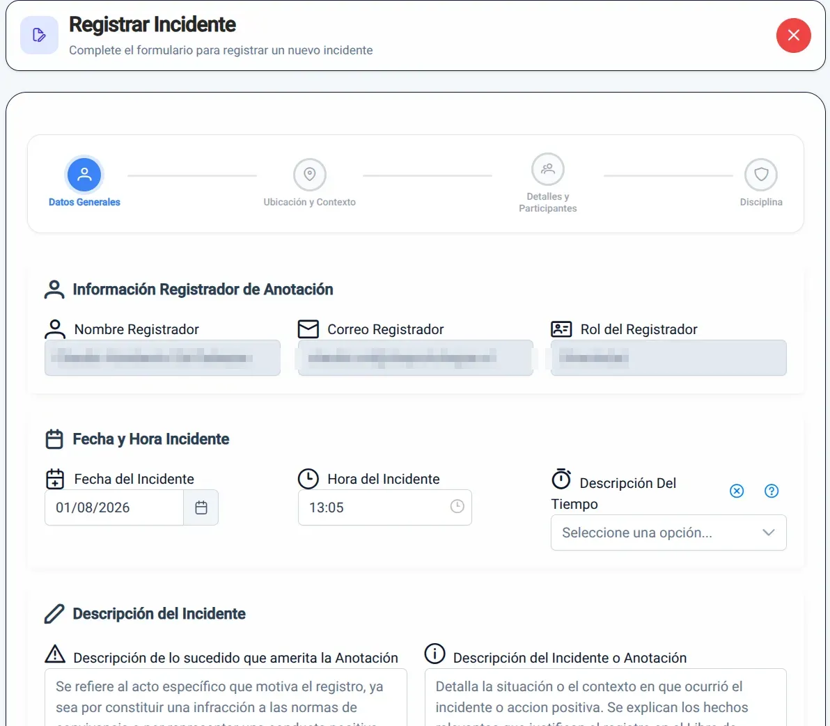Libro de Clases Digital - Formulario de registro de incidente