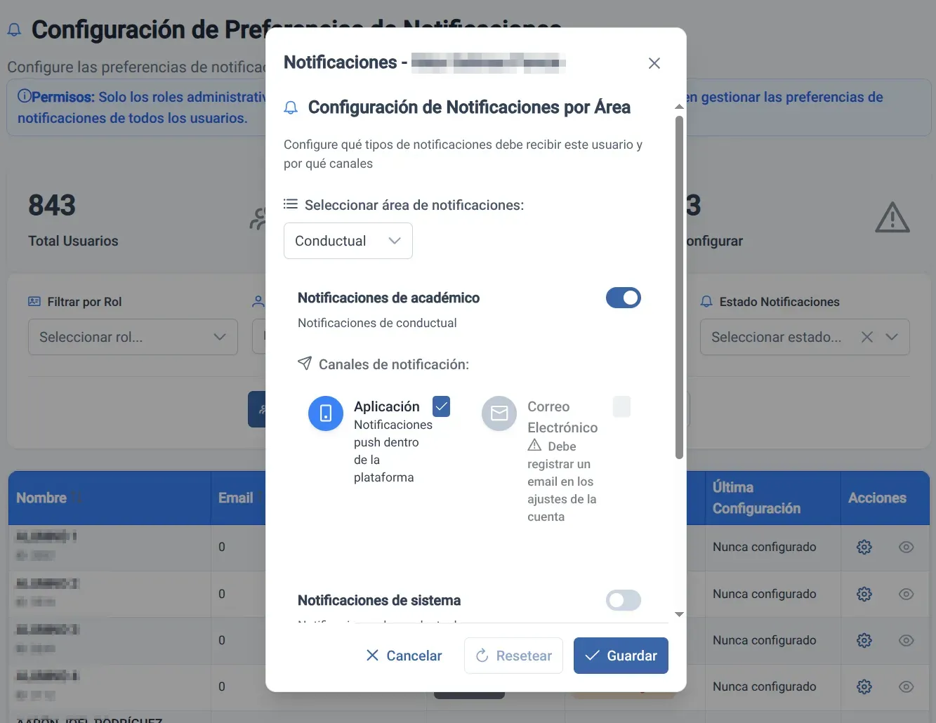 Libro de Clases Digital - Configuración de notificaciones por área