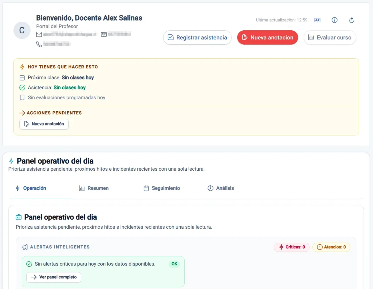Libro de Clases Digital - Portal docente con panel operativo del día
