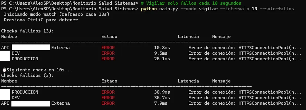Monitoreo de Salud de Sistemas - Modo vigilar con fallos detectados en consola