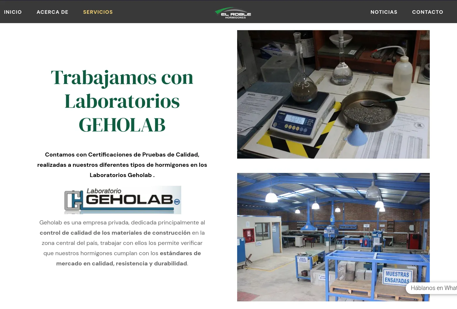 El Roble Hormigones - Certificaciones y trabajo con laboratorio Geholab