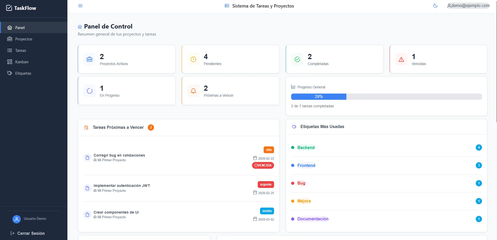 Sistema de Tareas y Proyectos - Panel de control con métricas y tareas próximas