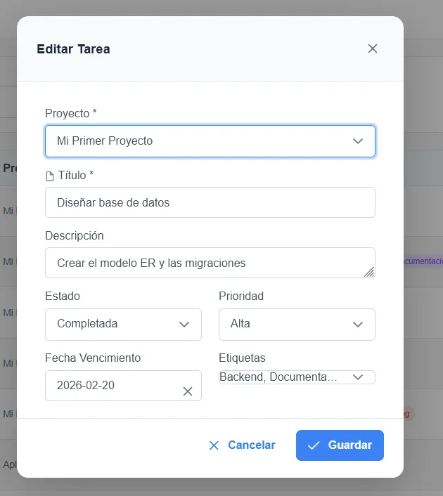 Sistema de Tareas y Proyectos - Edición de tarea con prioridades y etiquetas