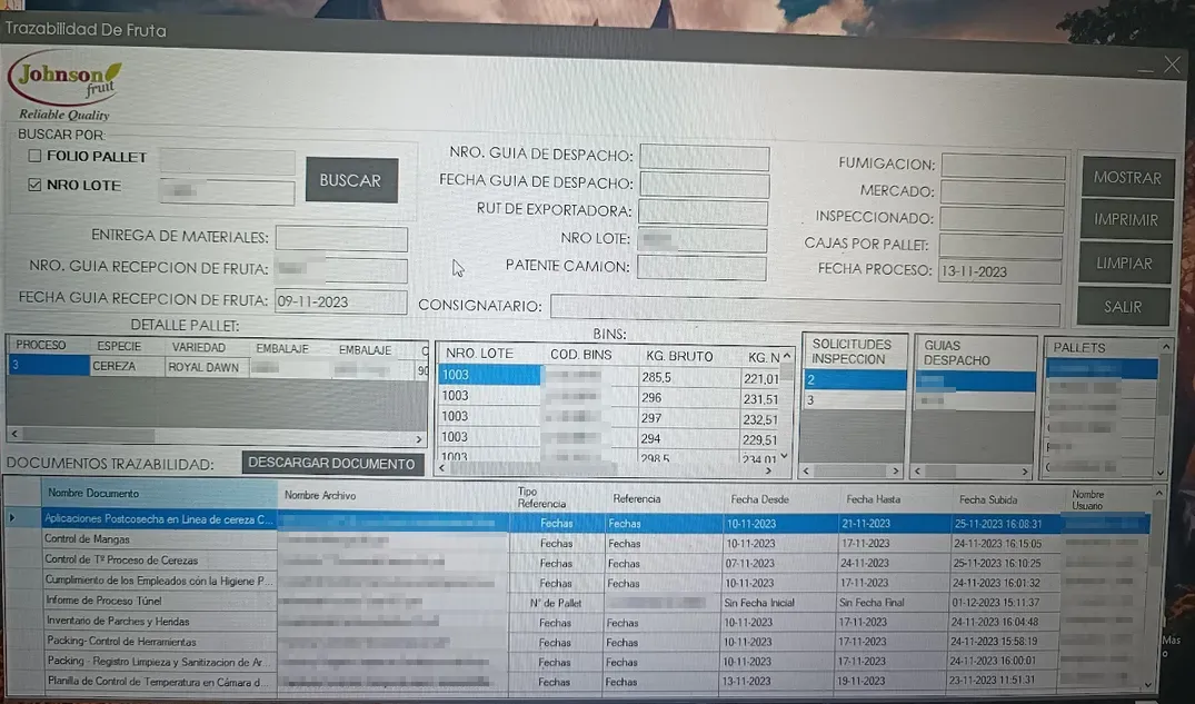 Trazabilidad Documental de Exportación - Interfaz de búsqueda documental por lote y pallet